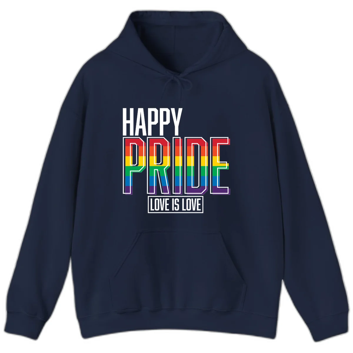 Happy Pride Love Is Love design featuring 3D rainbow block letters with pride flag colors on gray background in Navy
