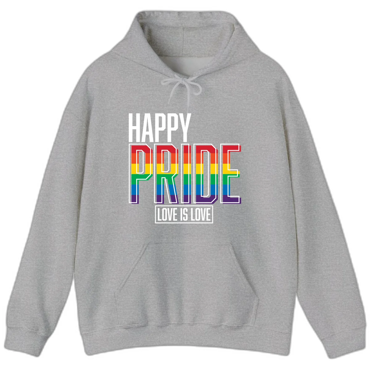 Happy Pride Love Is Love design featuring 3D rainbow block letters with pride flag colors on gray background in Sport Grey