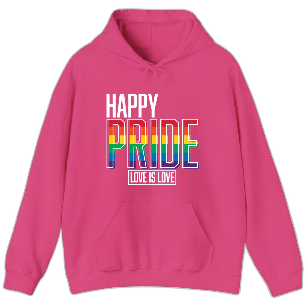 Happy Pride Love Is Love design featuring 3D rainbow block letters with pride flag colors on gray background in Heliconia