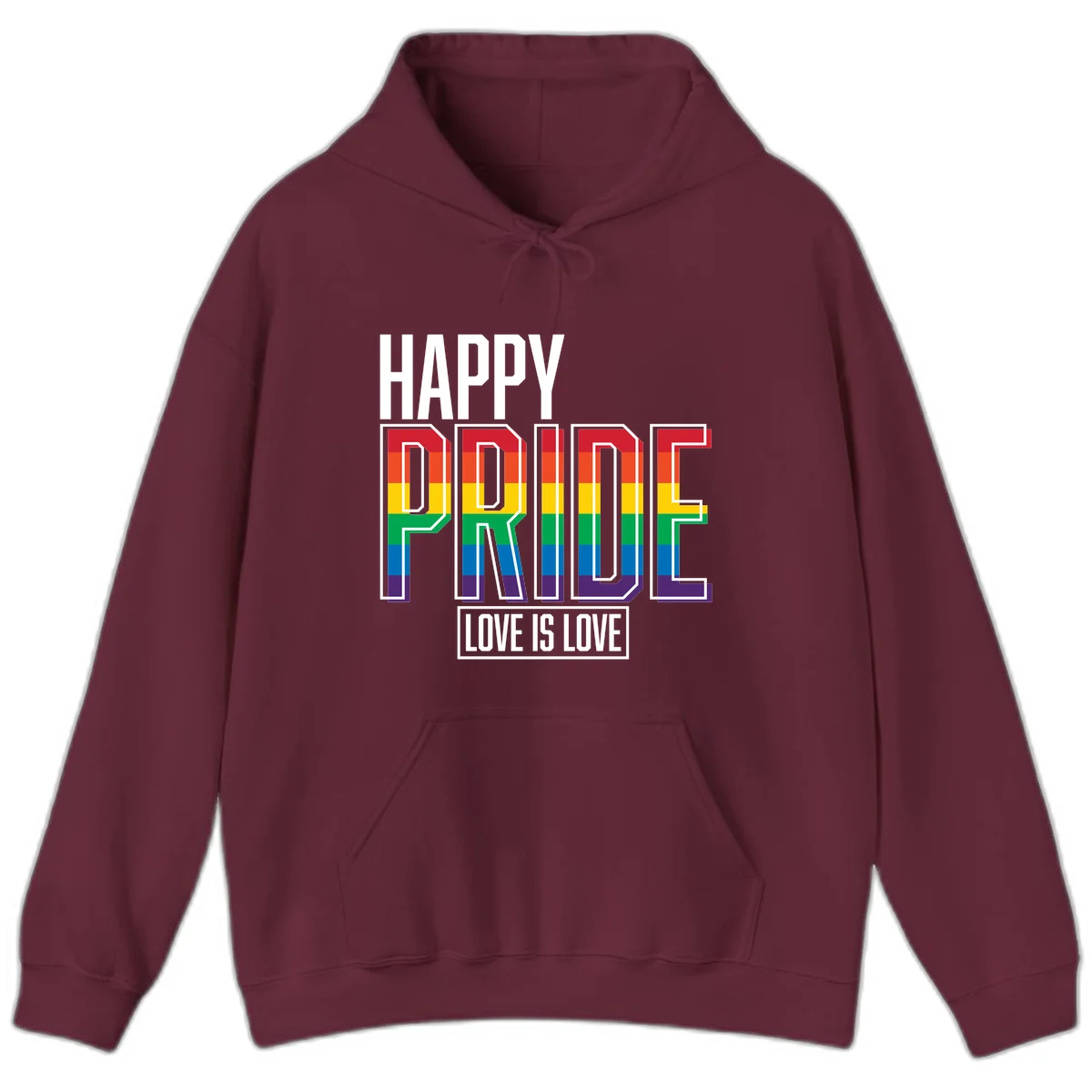 Happy Pride Love Is Love design featuring 3D rainbow block letters with pride flag colors on gray background in Maroon
