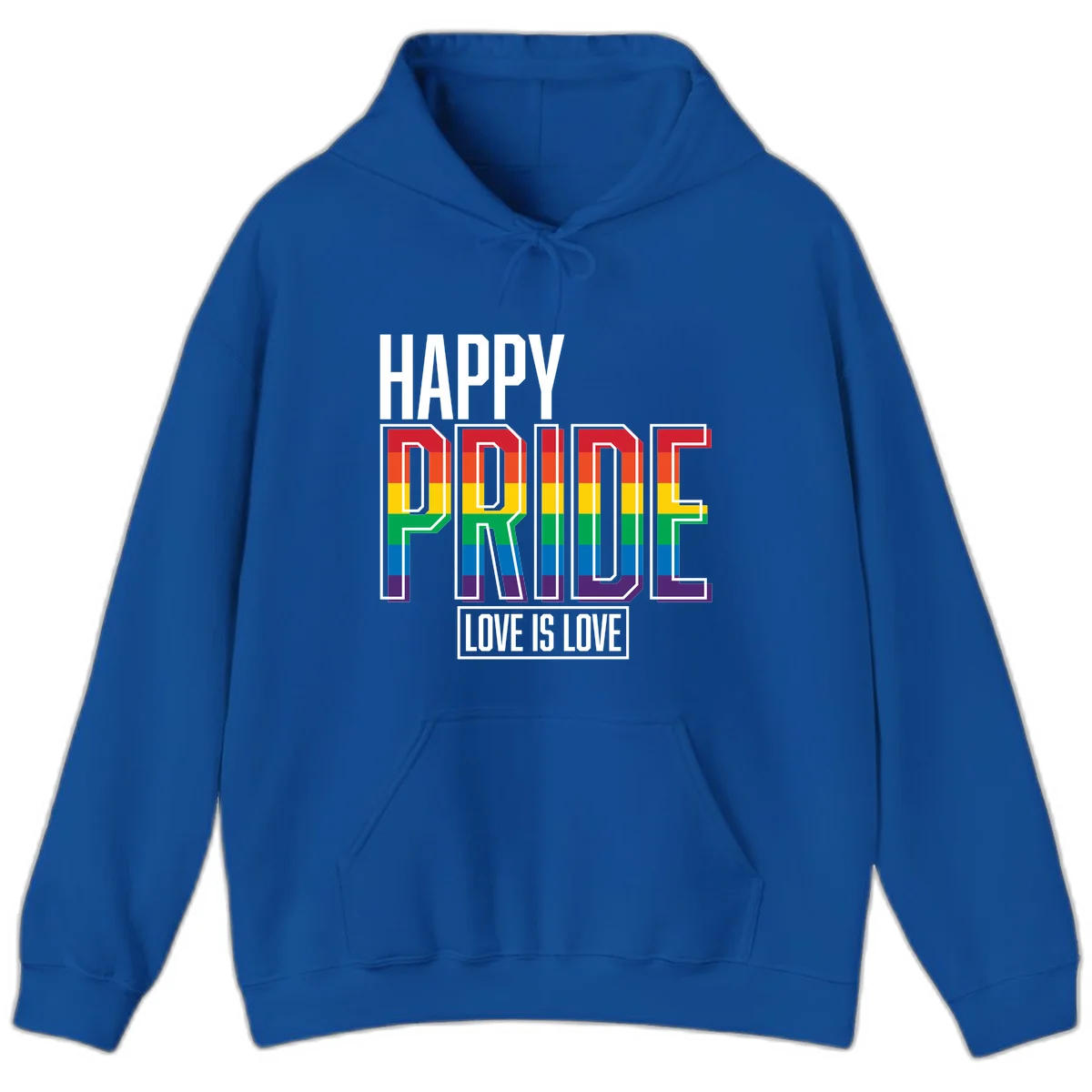 Happy Pride Love Is Love design featuring 3D rainbow block letters with pride flag colors on gray background in Royal