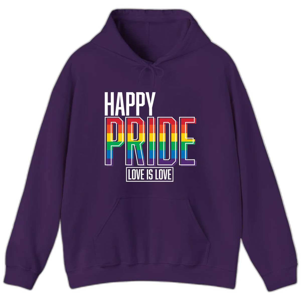 Happy Pride Love Is Love design featuring 3D rainbow block letters with pride flag colors on gray background in Purple