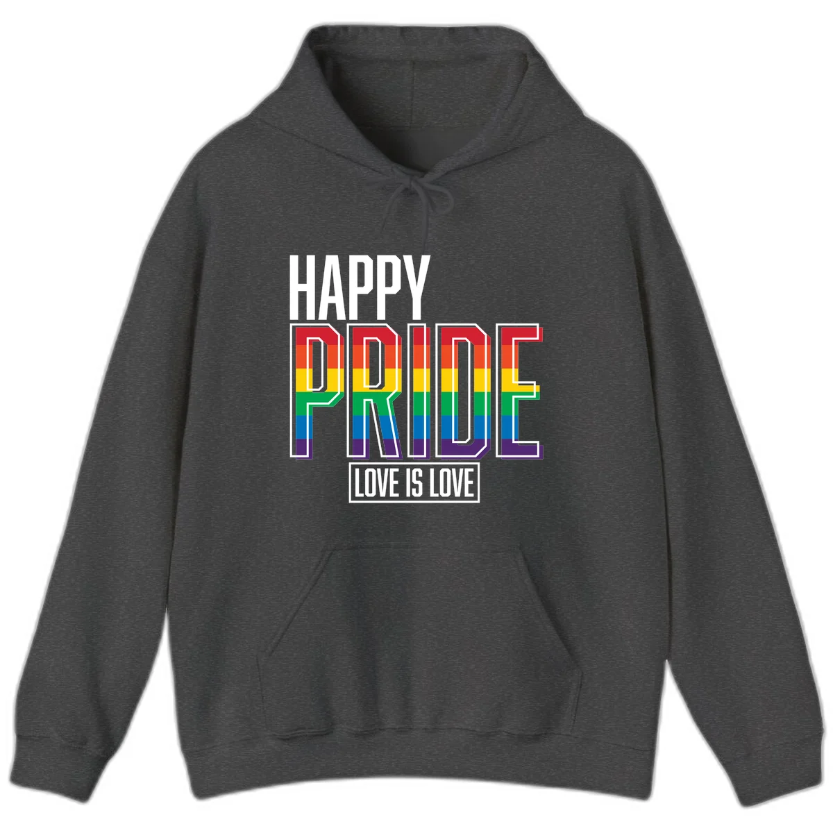 Happy Pride Love Is Love design featuring 3D rainbow block letters with pride flag colors on gray background in Dark Heather