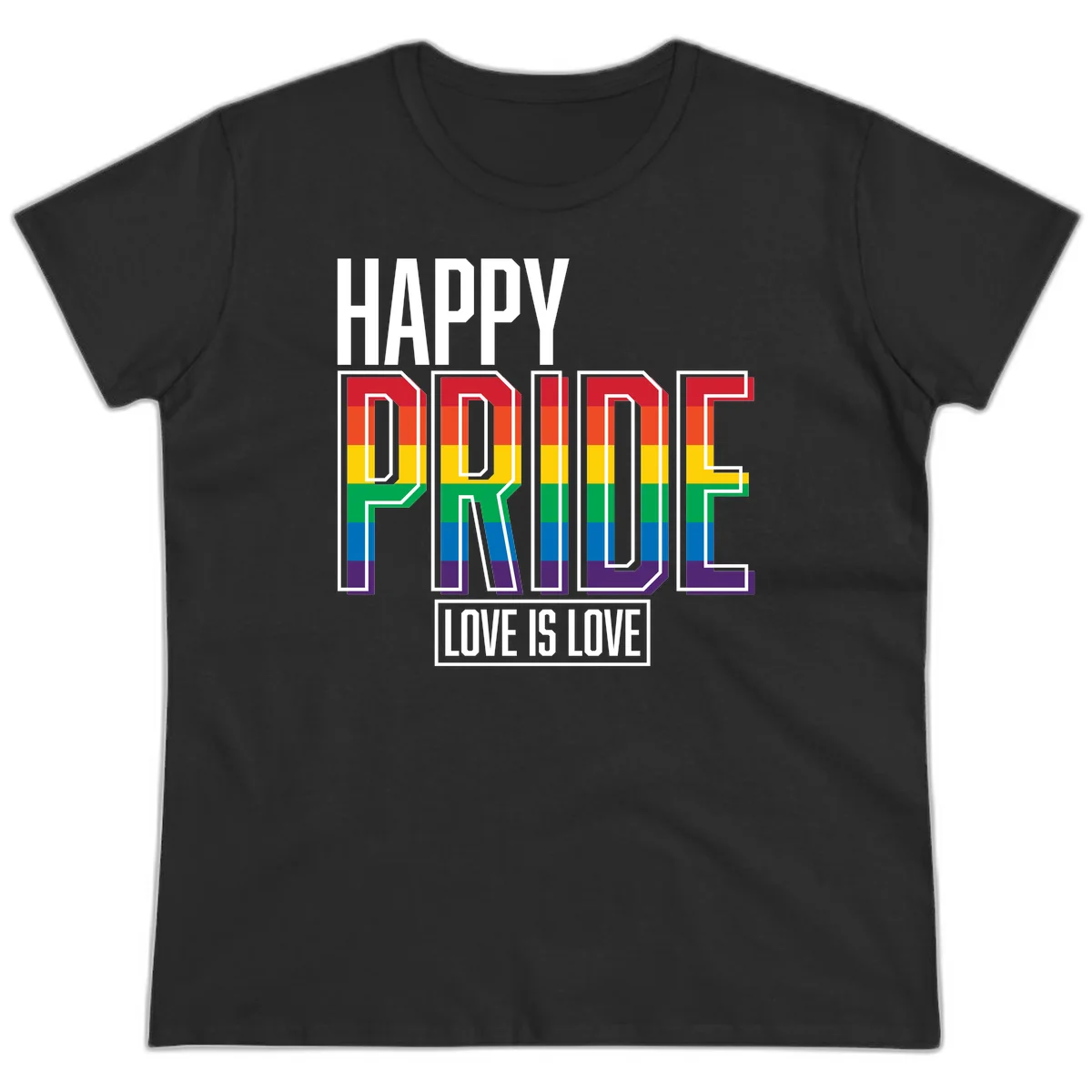 Happy Pride Love Is Love design featuring 3D rainbow block letters with pride flag colors on gray background in Black