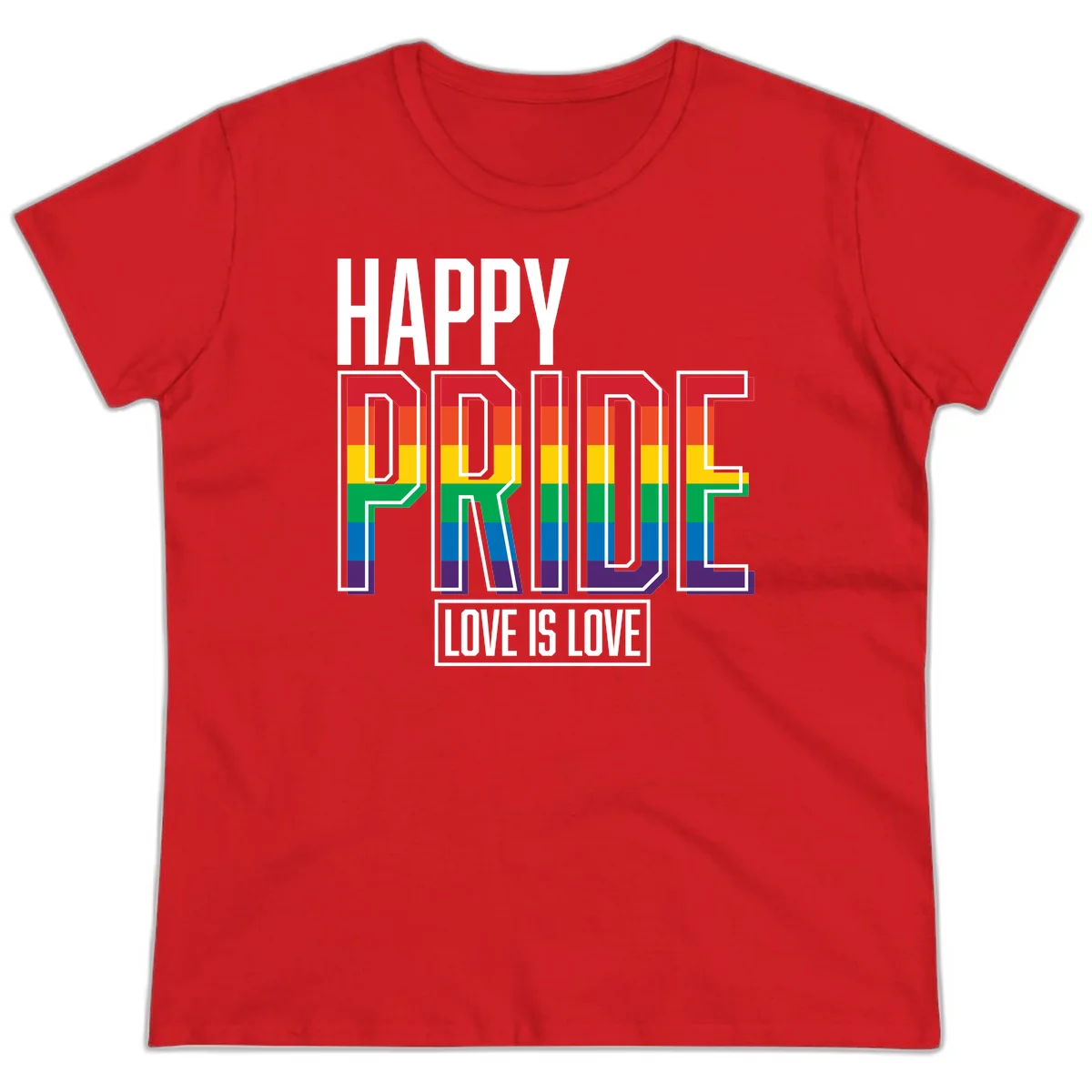 Happy Pride Love Is Love design featuring 3D rainbow block letters with pride flag colors on gray background in Red