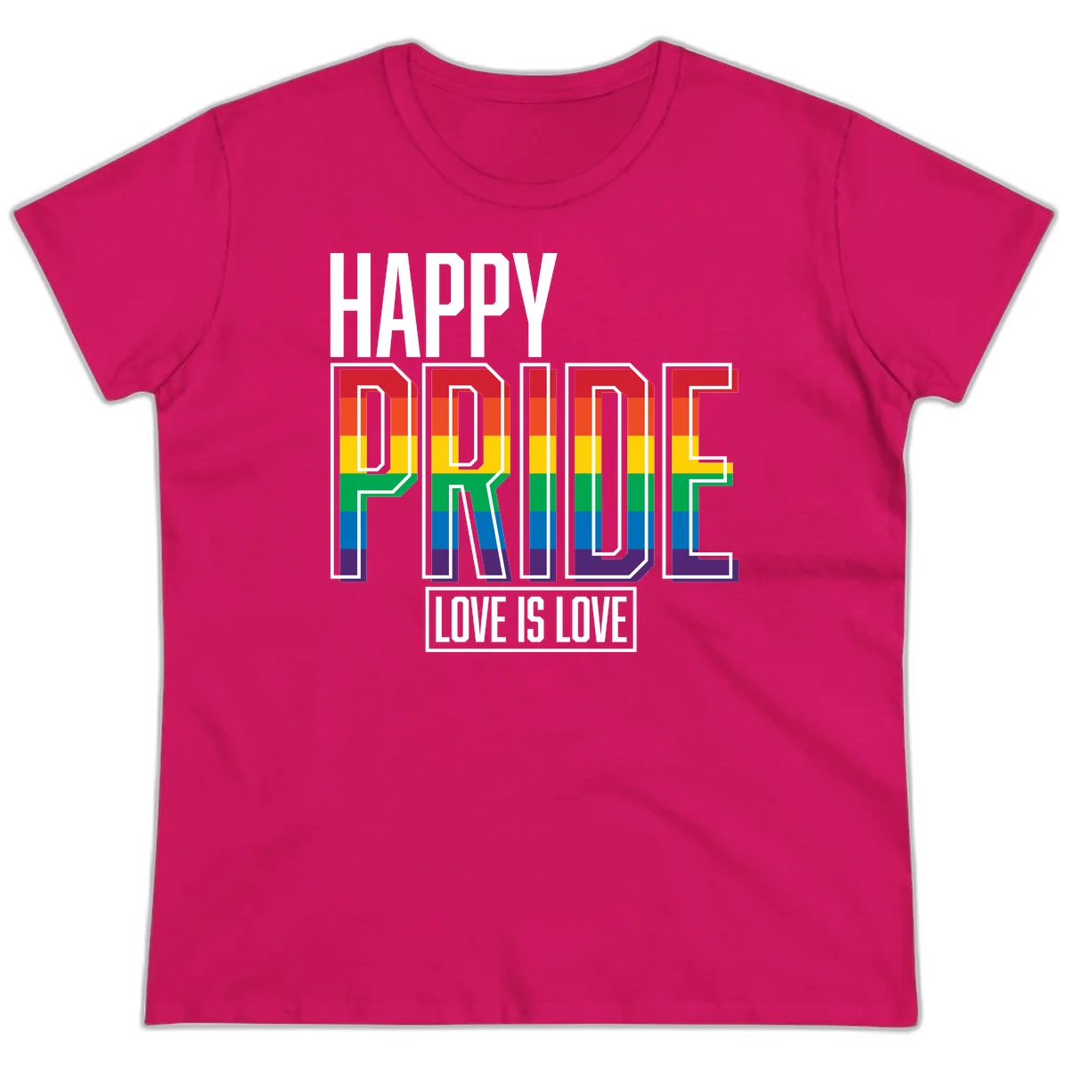 Happy Pride Love Is Love design featuring 3D rainbow block letters with pride flag colors on gray background in Heliconia