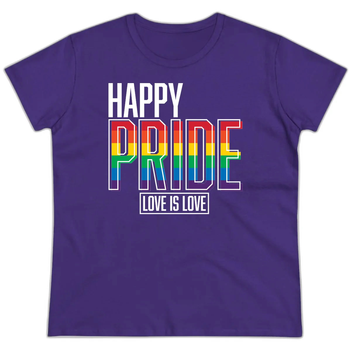 Happy Pride Love Is Love design featuring 3D rainbow block letters with pride flag colors on gray background in Purple