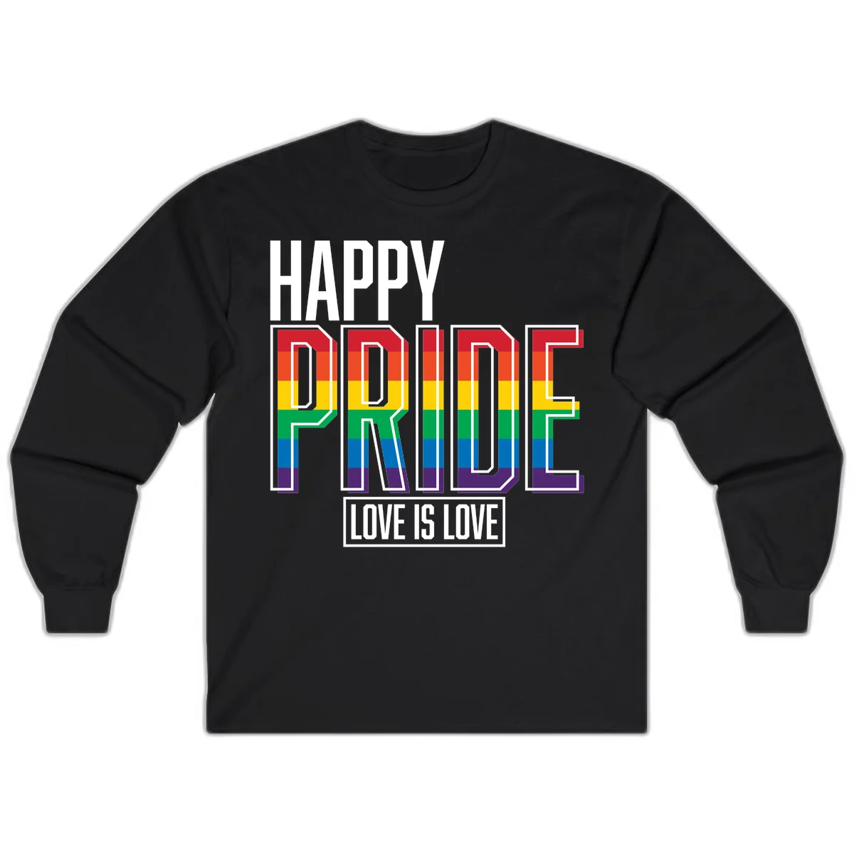 Happy Pride Love Is Love design featuring 3D rainbow block letters with pride flag colors on gray background in Black