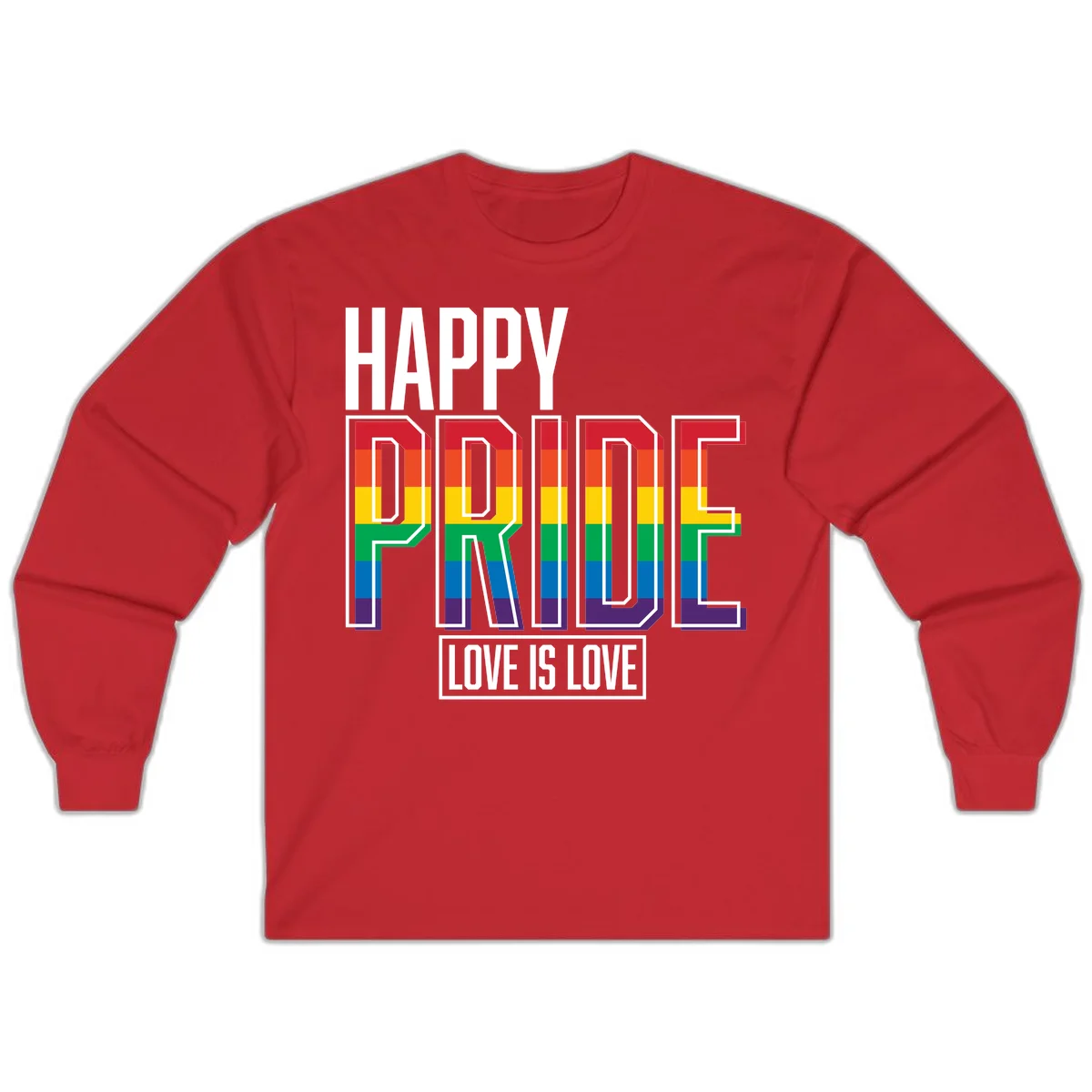 Happy Pride Love Is Love design featuring 3D rainbow block letters with pride flag colors on gray background in Red