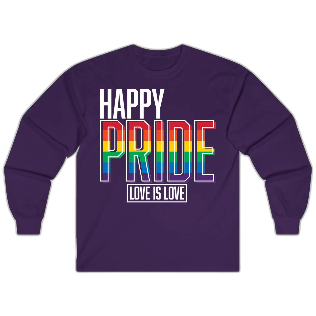 Happy Pride Love Is Love design featuring 3D rainbow block letters with pride flag colors on gray background in Purple