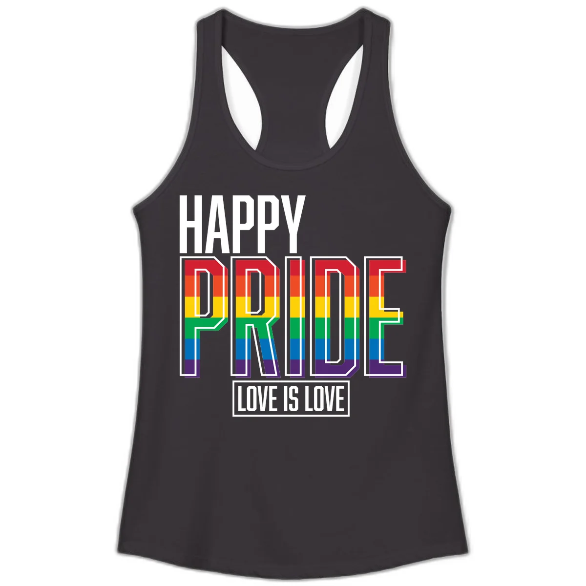 Happy Pride Love Is Love design featuring 3D rainbow block letters with pride flag colors on gray background in Black