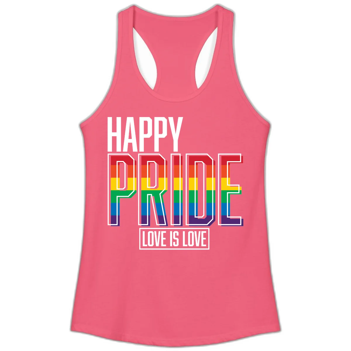 Happy Pride Love Is Love design featuring 3D rainbow block letters with pride flag colors on gray background in Hot Pink