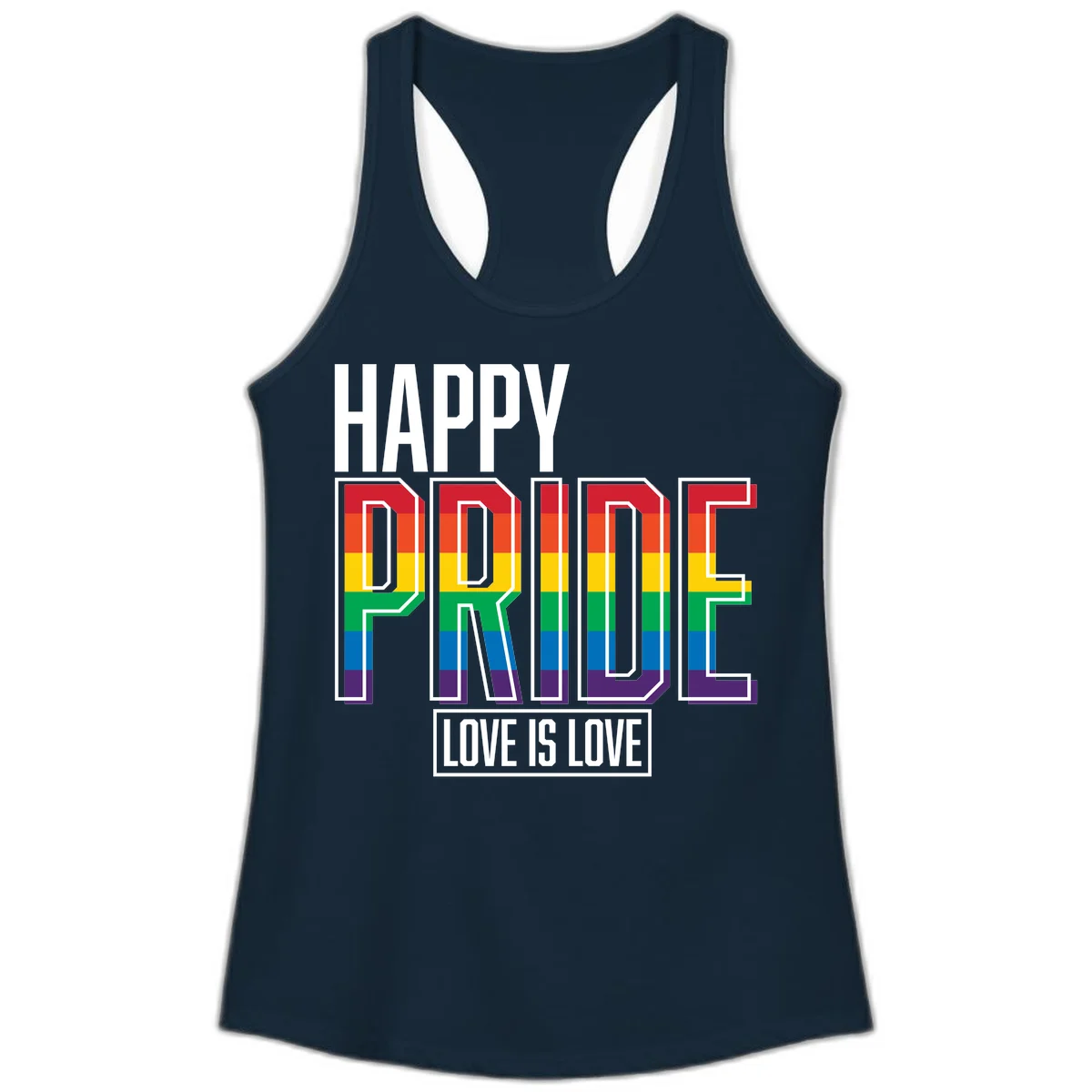 Happy Pride Love Is Love design featuring 3D rainbow block letters with pride flag colors on gray background in Solid Midnight Navy