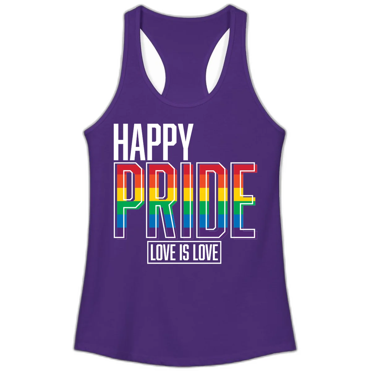 Happy Pride Love Is Love design featuring 3D rainbow block letters with pride flag colors on gray background in Solid Purple Rush