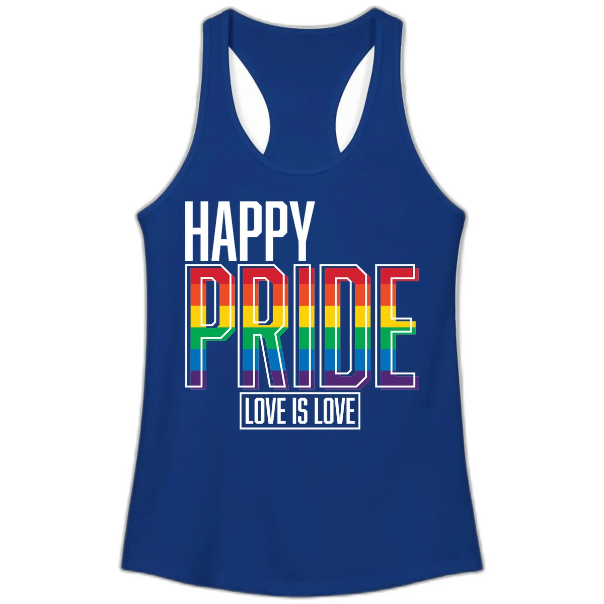 Happy Pride Love Is Love design featuring 3D rainbow block letters with pride flag colors on gray background in Solid Royal