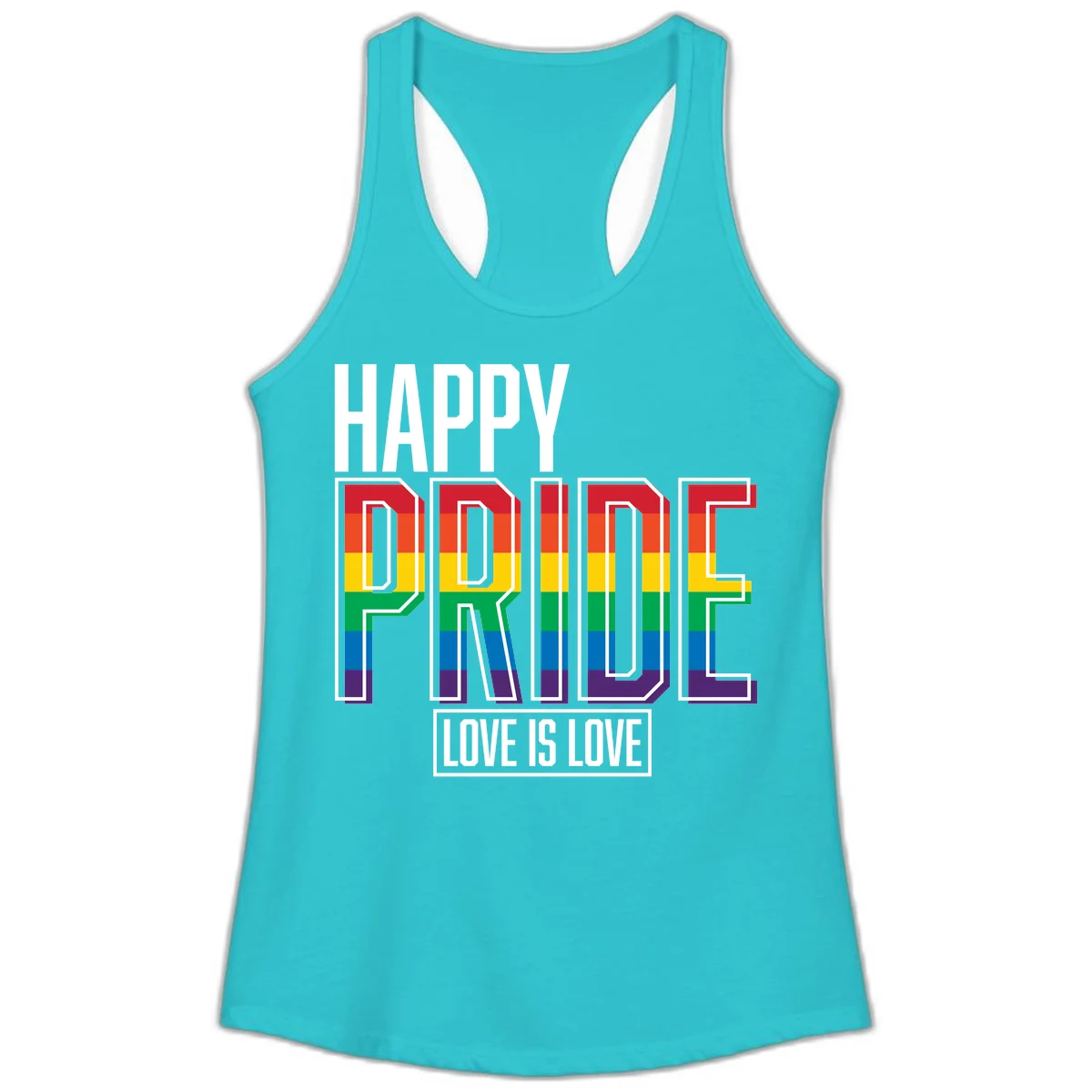Happy Pride Love Is Love design featuring 3D rainbow block letters with pride flag colors on gray background in Solid Tahiti Blue