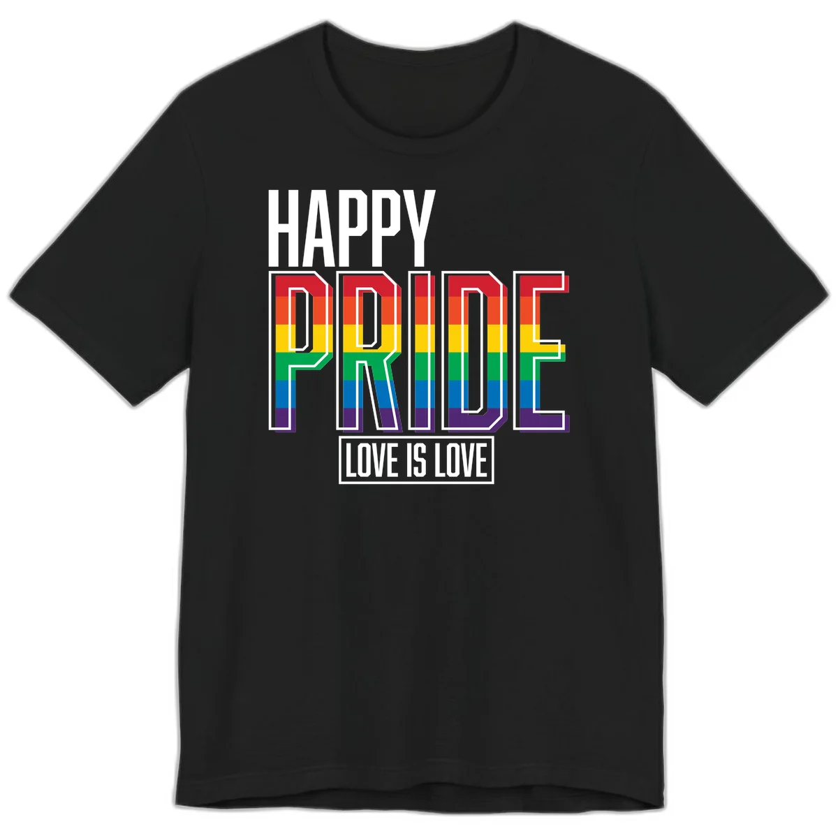 Happy Pride Love Is Love design featuring 3D rainbow block letters with pride flag colors on gray background in Black