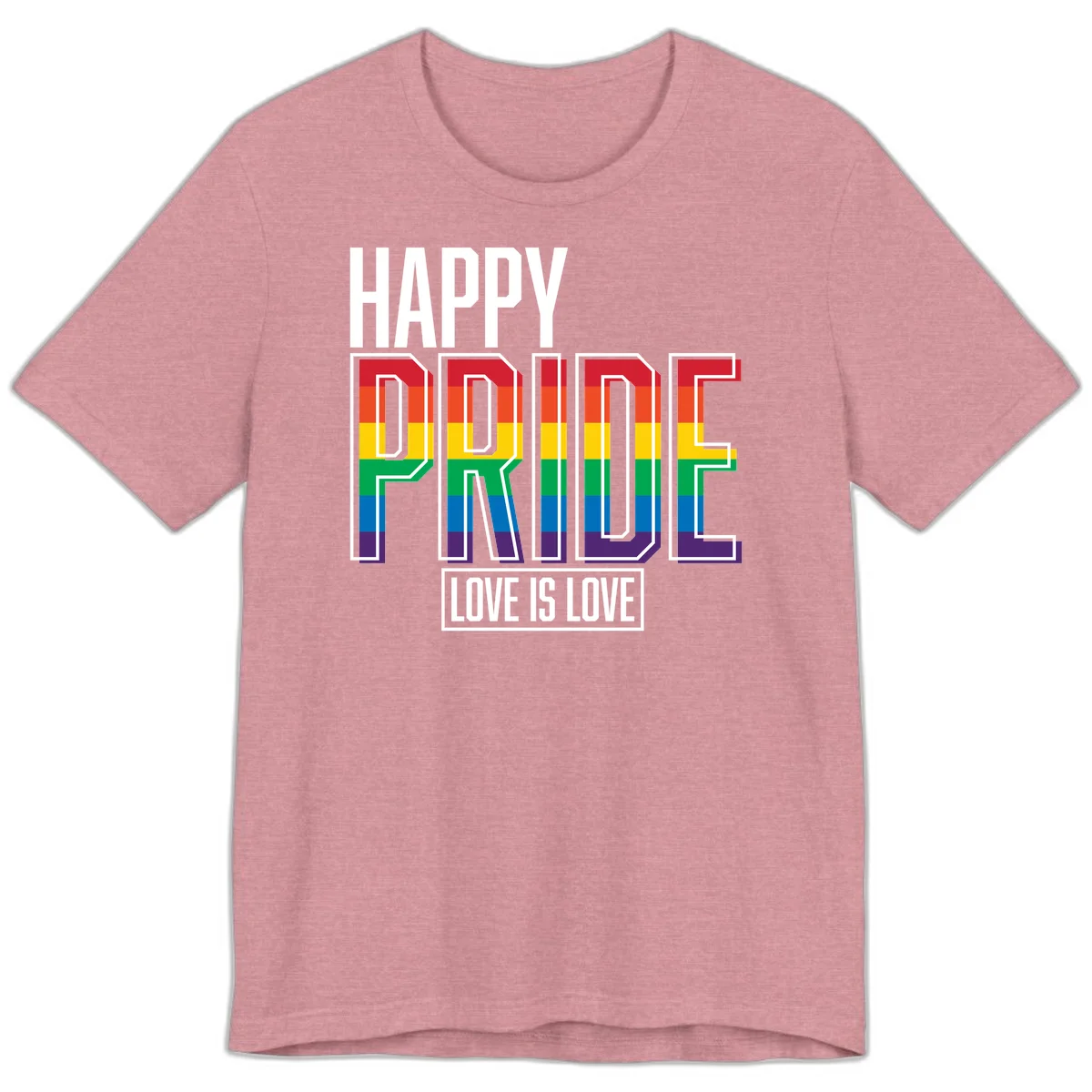 Happy Pride Love Is Love design featuring 3D rainbow block letters with pride flag colors on gray background in Heather Orchid