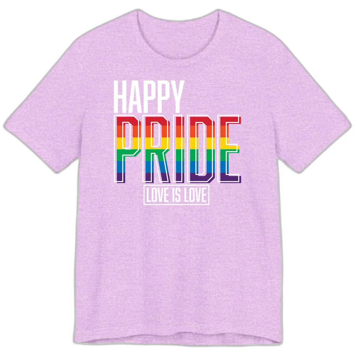 Happy Pride Love Is Love design featuring 3D rainbow block letters with pride flag colors on gray background in Heather Prism Lilac