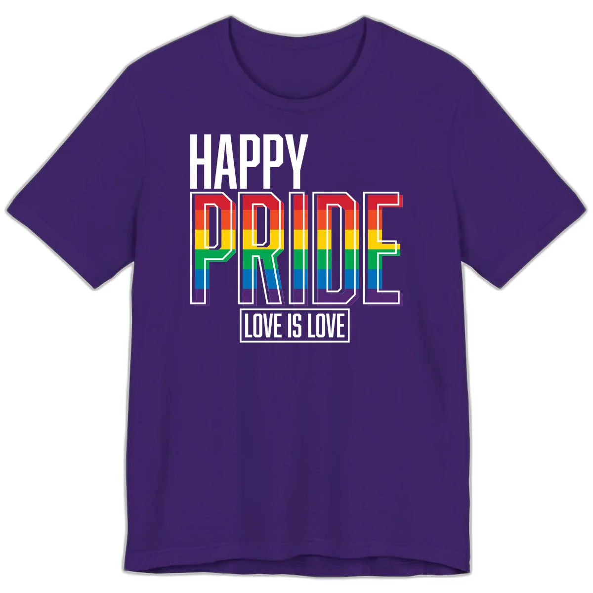 Happy Pride Love Is Love design featuring 3D rainbow block letters with pride flag colors on gray background in Team Purple
