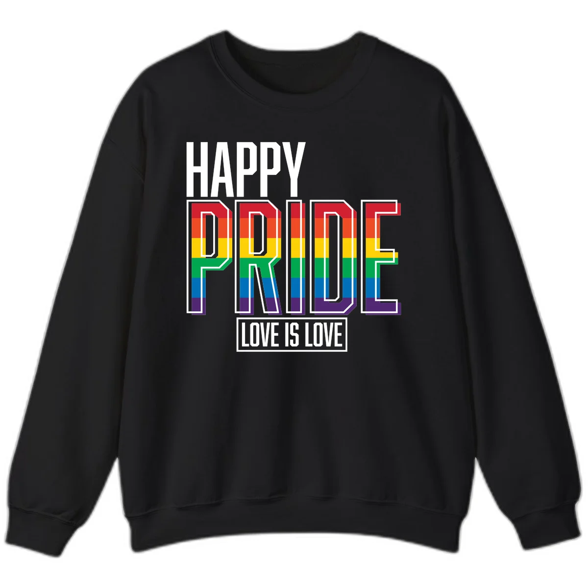 Happy Pride Love Is Love design featuring 3D rainbow block letters with pride flag colors on gray background in Black