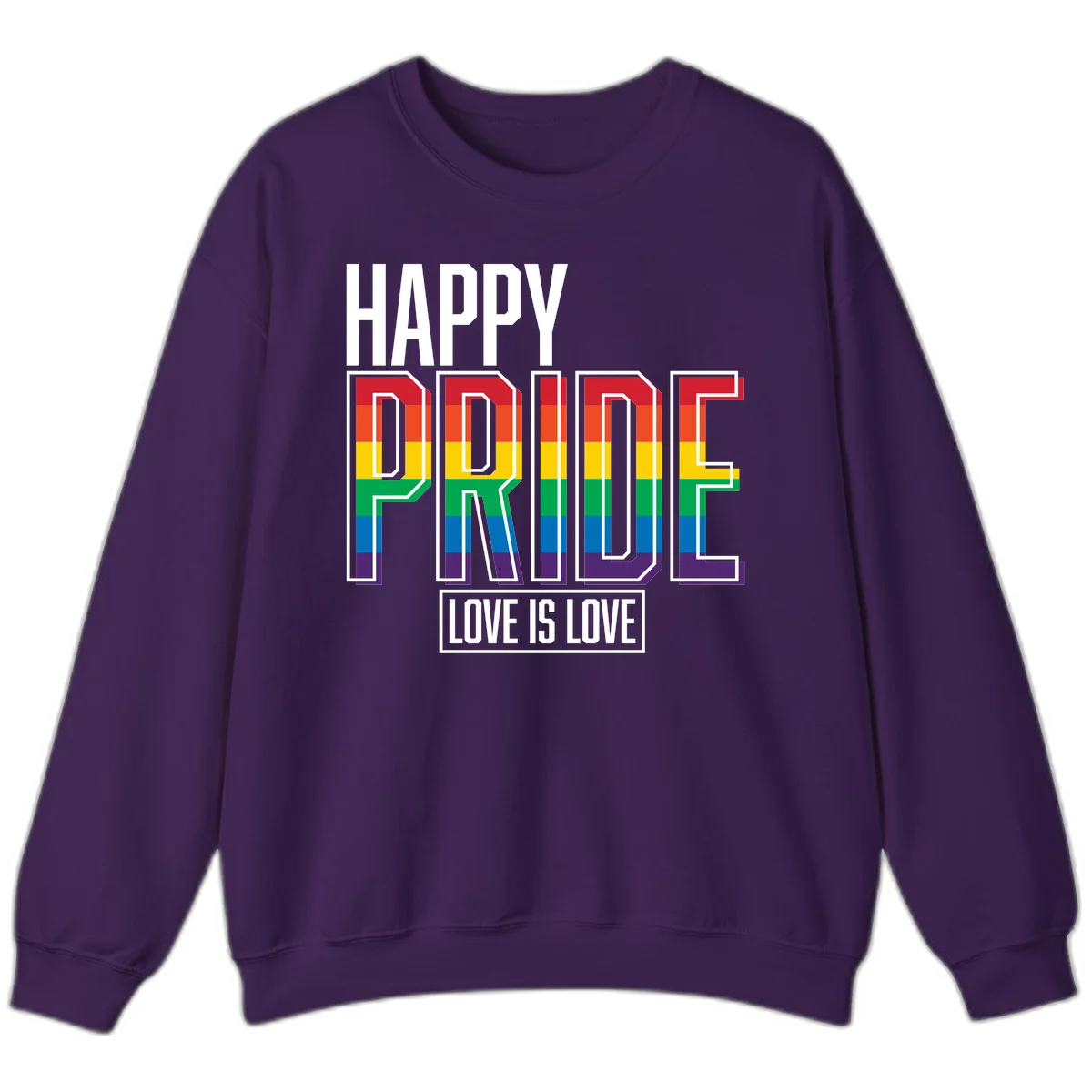 Happy Pride Love Is Love design featuring 3D rainbow block letters with pride flag colors on gray background in Purple