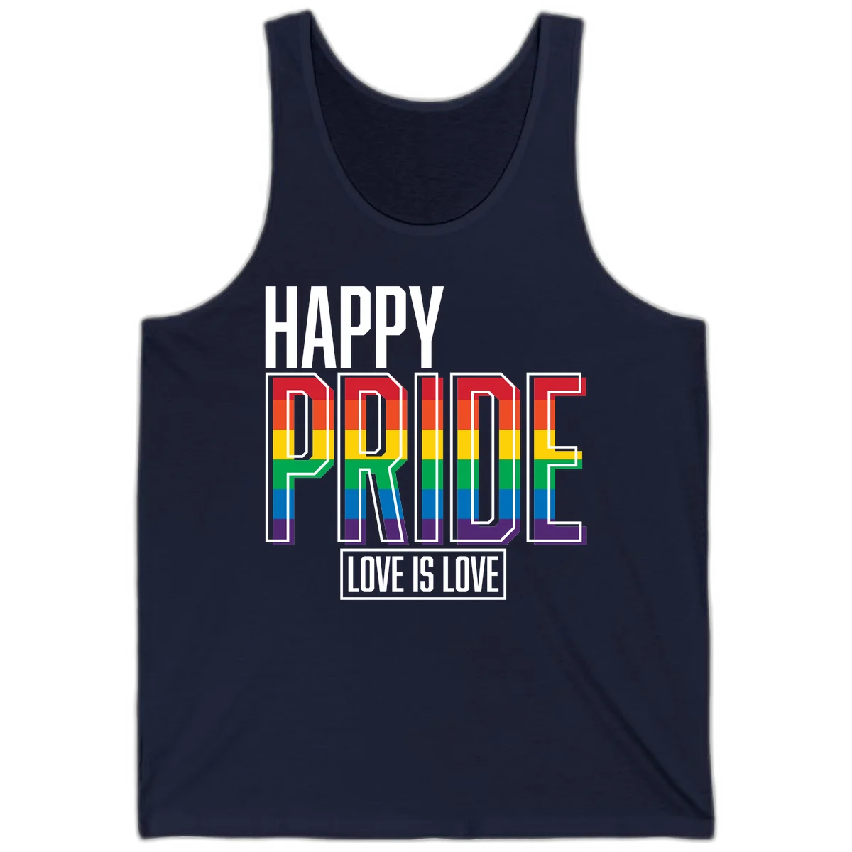 Happy Pride Love Is Love design featuring 3D rainbow block letters with pride flag colors on gray background in Navy