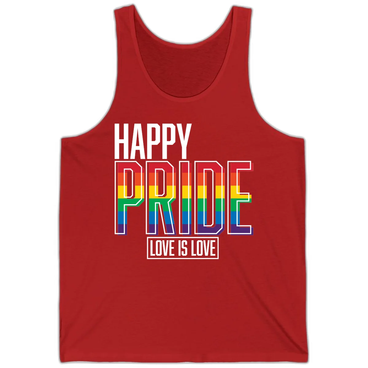 Happy Pride Love Is Love design featuring 3D rainbow block letters with pride flag colors on gray background in Red
