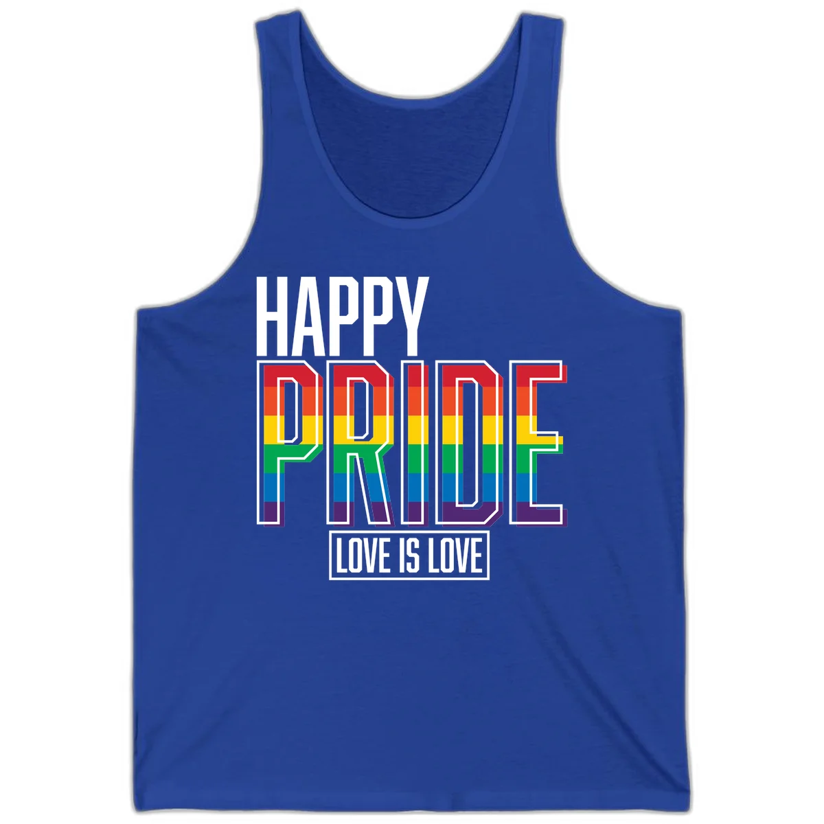 Happy Pride Love Is Love design featuring 3D rainbow block letters with pride flag colors on gray background in True Royal
