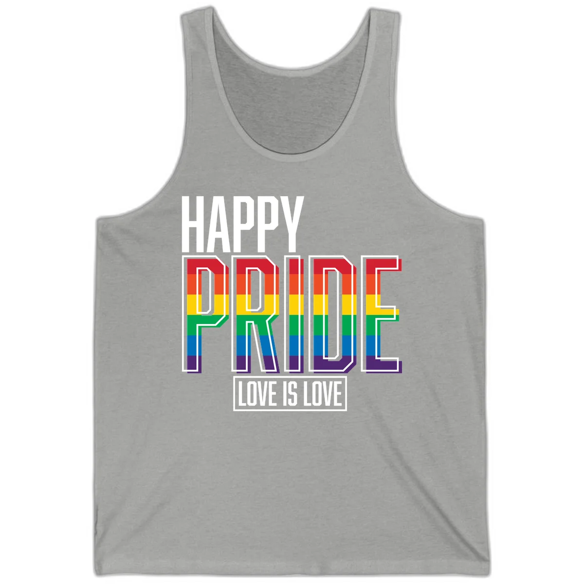 Happy Pride Love Is Love design featuring 3D rainbow block letters with pride flag colors on gray background in Athletic Heather