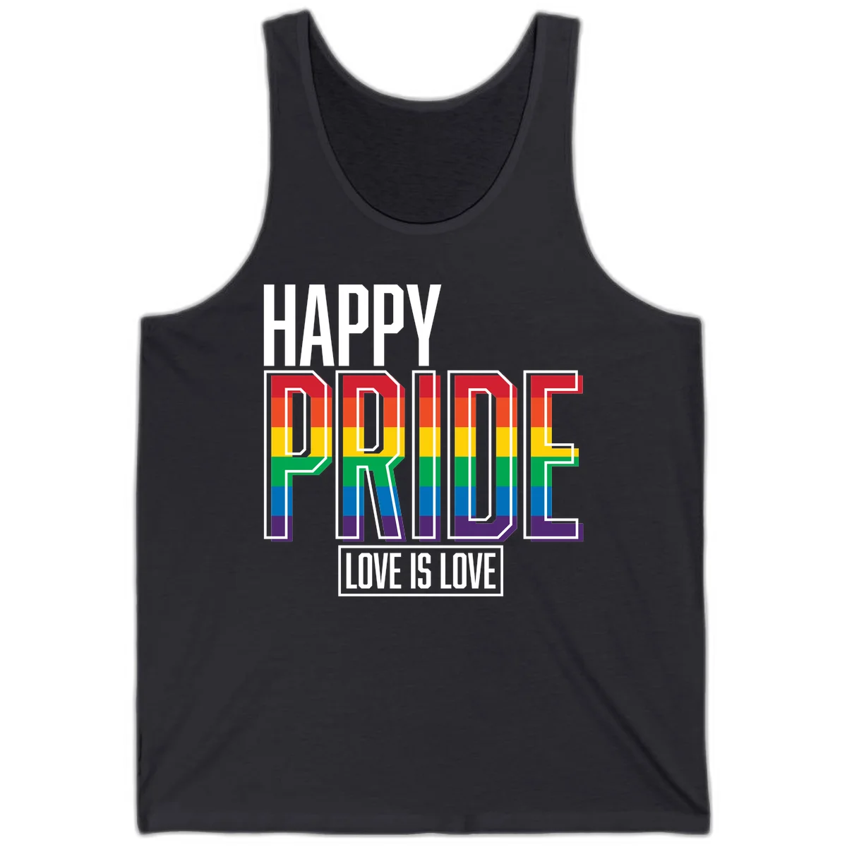 Happy Pride Love Is Love design featuring 3D rainbow block letters with pride flag colors on gray background in Dark Grey