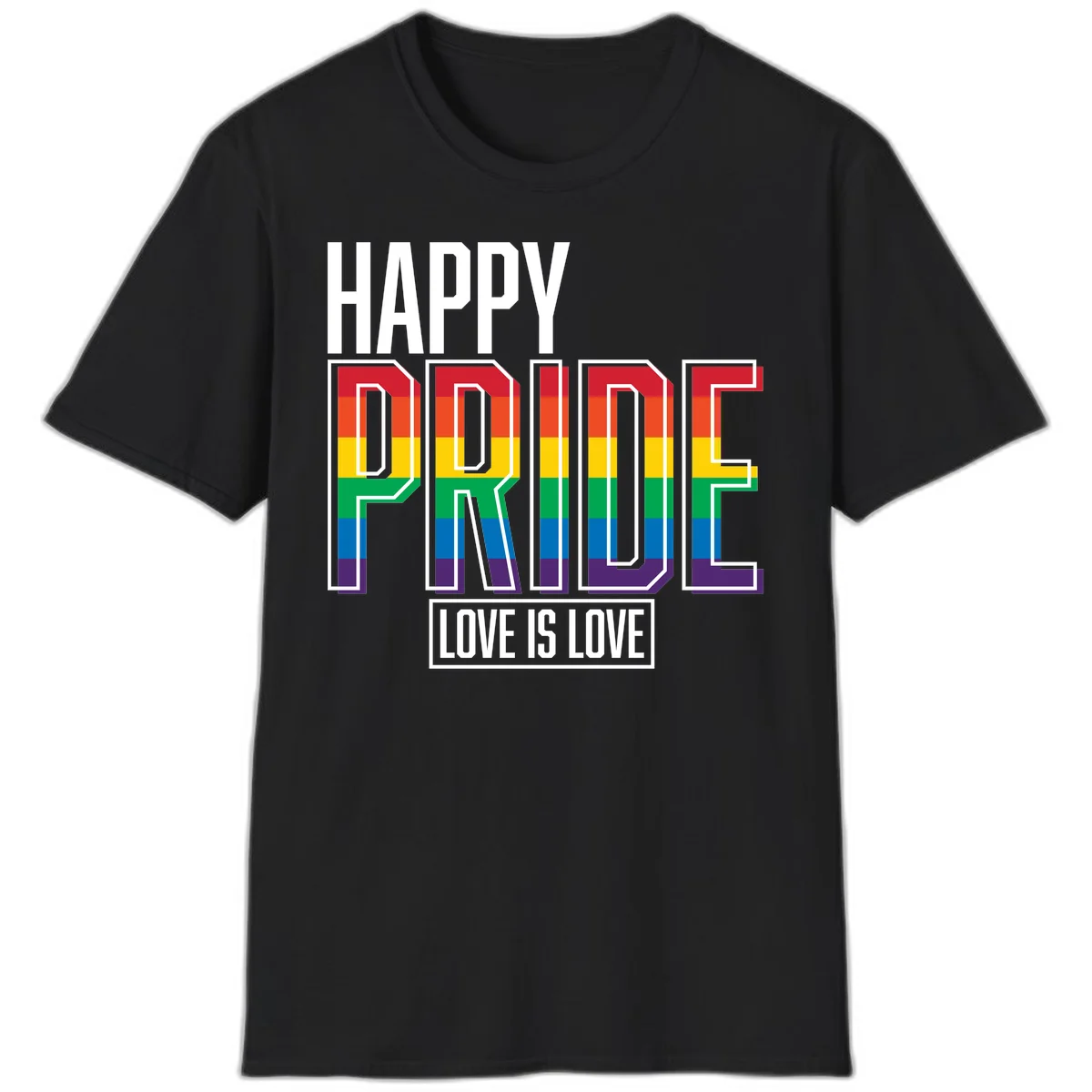 Happy Pride Love Is Love design featuring 3D rainbow block letters with pride flag colors on gray background in Black