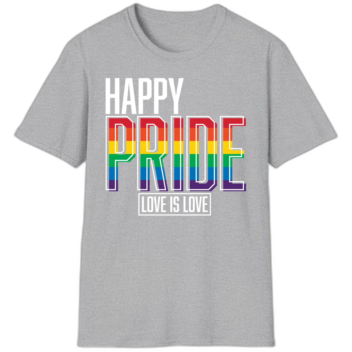 Happy Pride Love Is Love design featuring 3D rainbow block letters with pride flag colors on gray background in Sport Grey