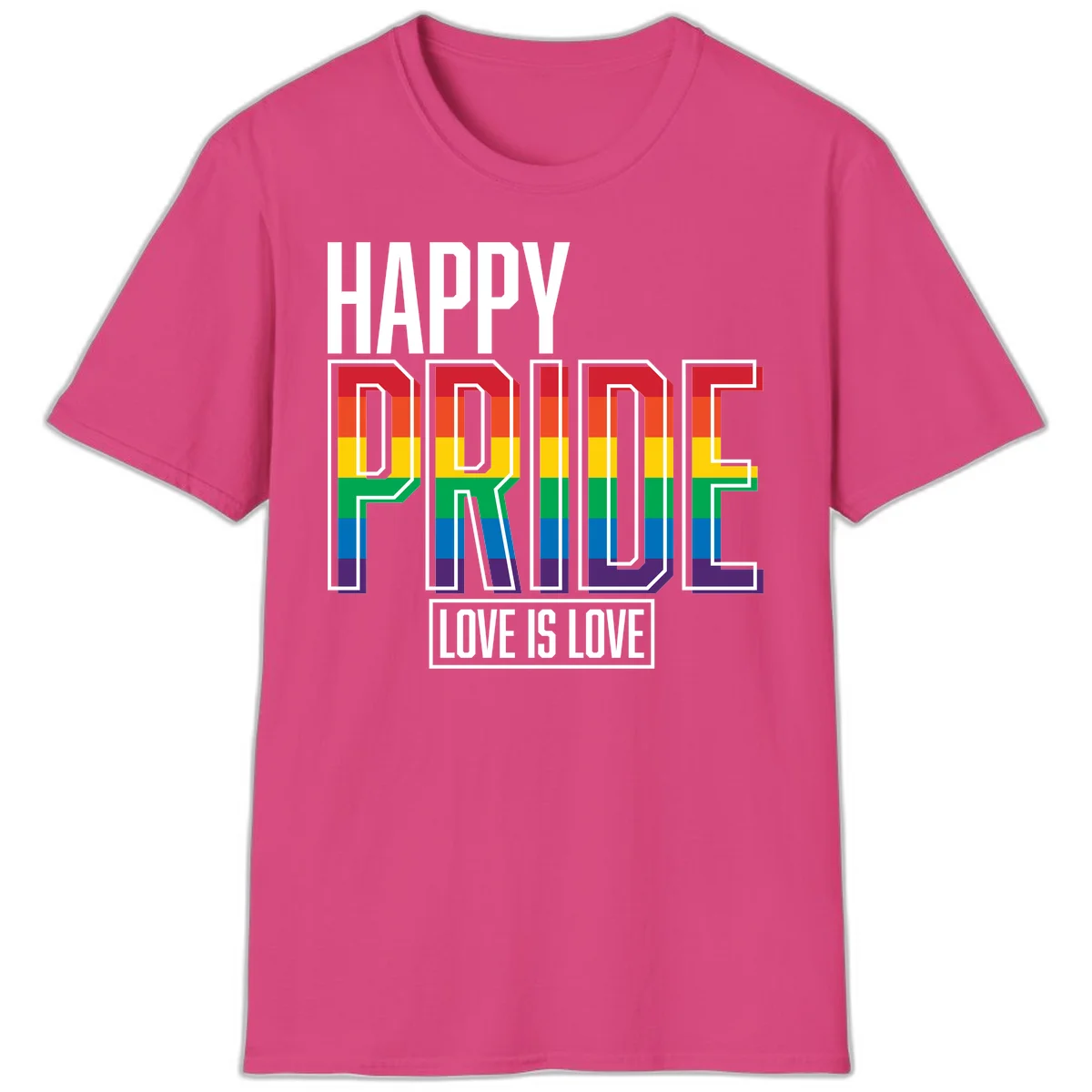 Happy Pride Love Is Love design featuring 3D rainbow block letters with pride flag colors on gray background in Heliconia