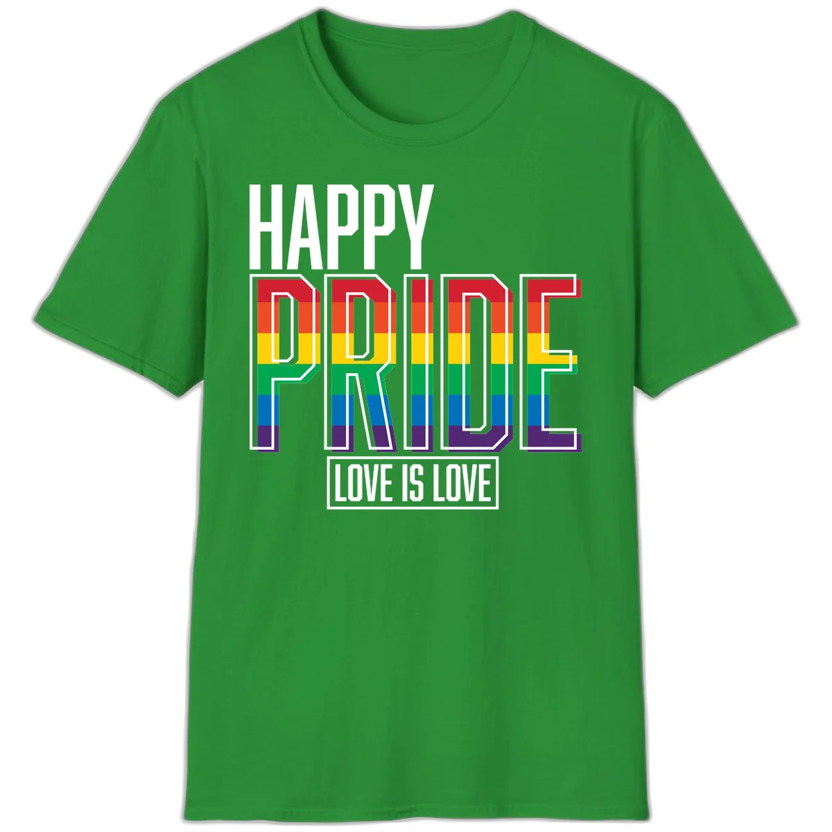 Happy Pride Love Is Love design featuring 3D rainbow block letters with pride flag colors on gray background in Irish Green