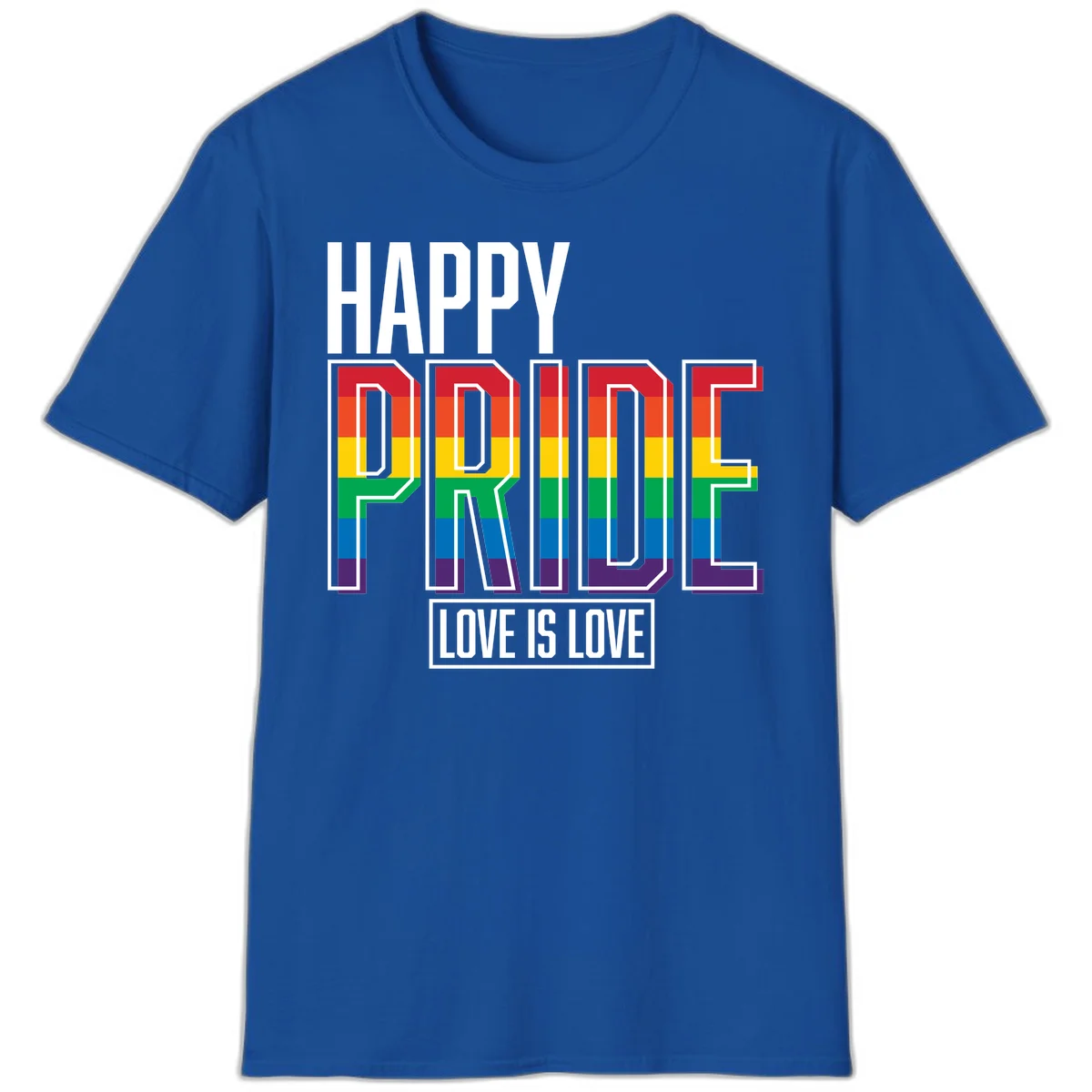 Happy Pride Love Is Love design featuring 3D rainbow block letters with pride flag colors on gray background in Royal