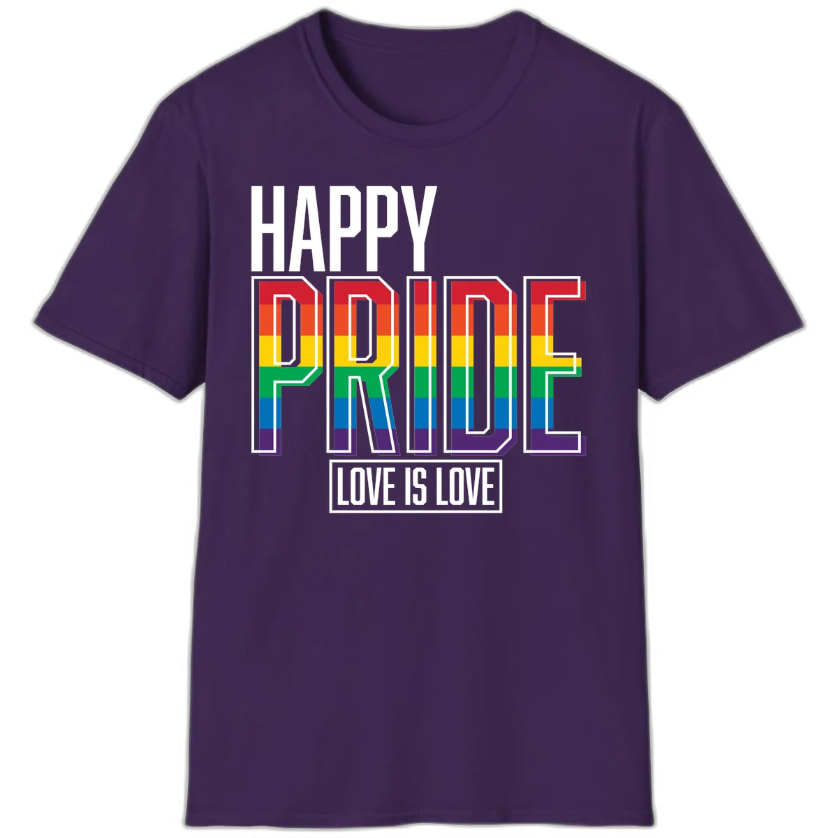 Happy Pride Love Is Love design featuring 3D rainbow block letters with pride flag colors on gray background in Purple