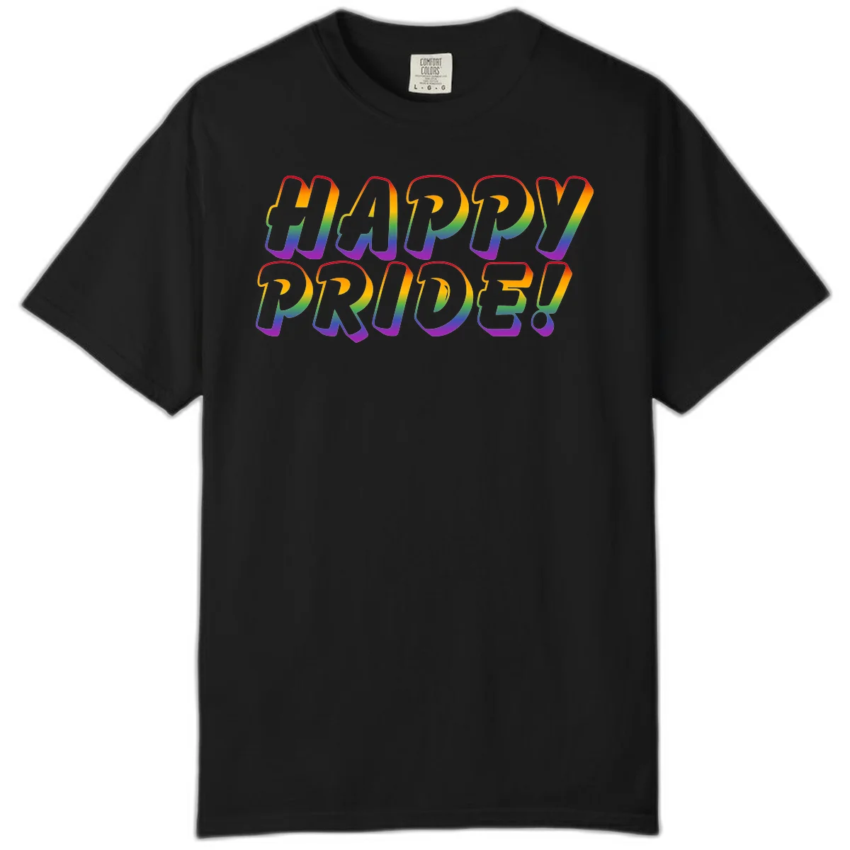 Happy pride rainbow text design with gradient colors transitioning from red to purple in bold typography in Black