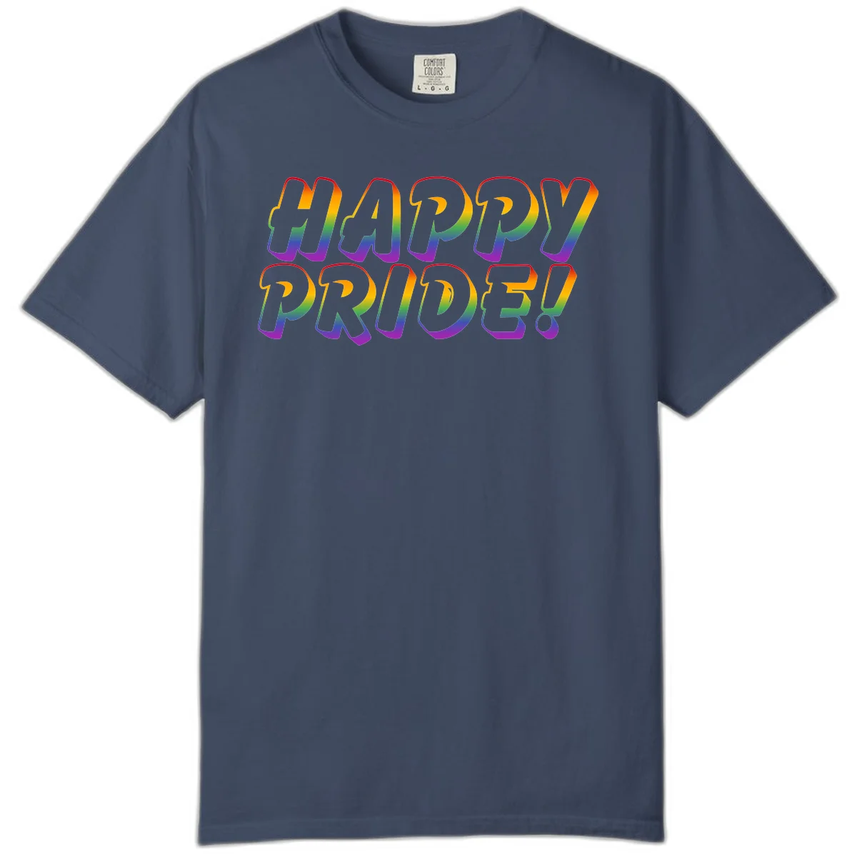 Happy pride rainbow text design with gradient colors transitioning from red to purple in bold typography in Midnight