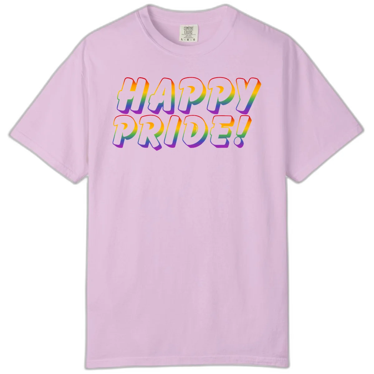 Happy pride rainbow text design with gradient colors transitioning from red to purple in bold typography in Orchid