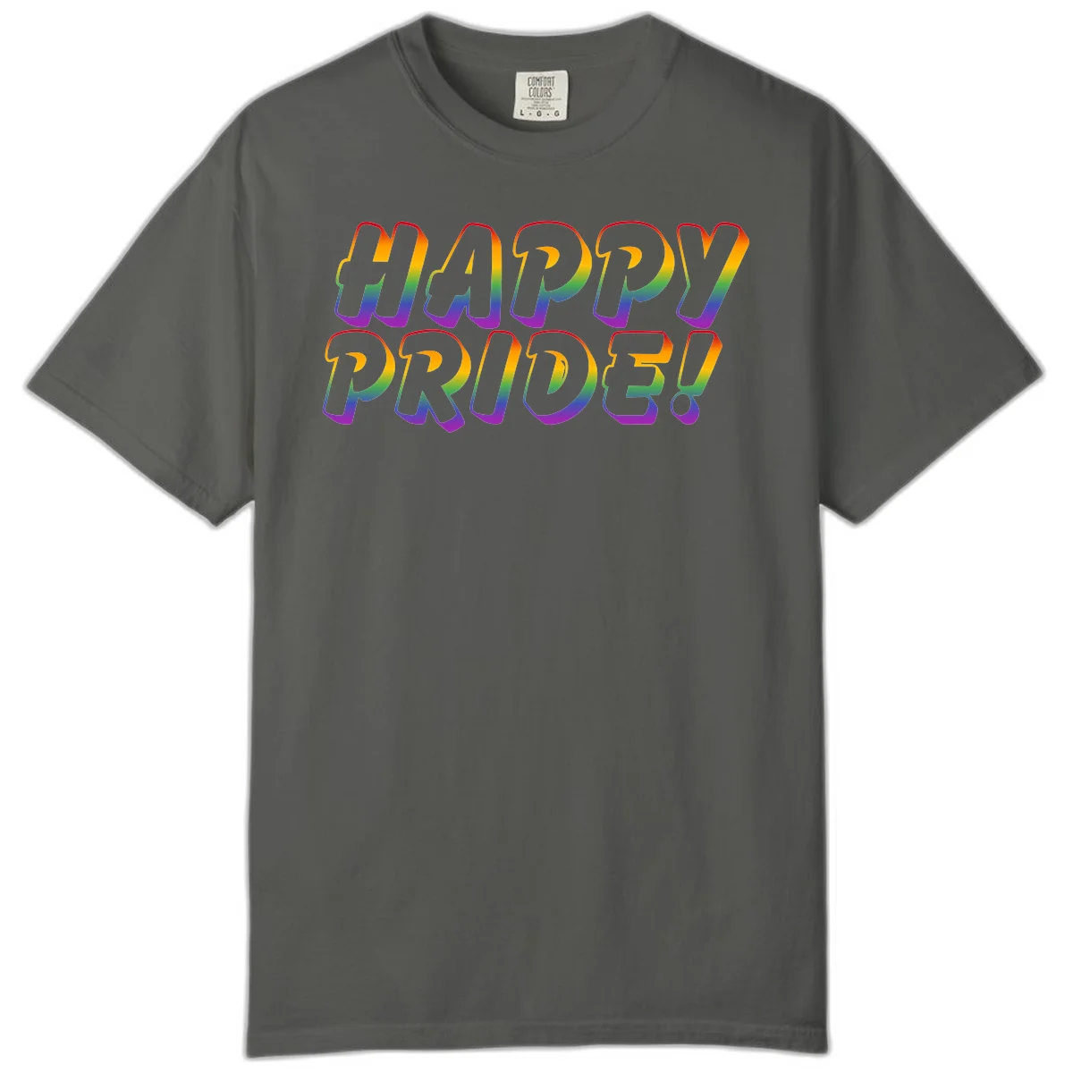 Happy pride rainbow text design with gradient colors transitioning from red to purple in bold typography in Pepper