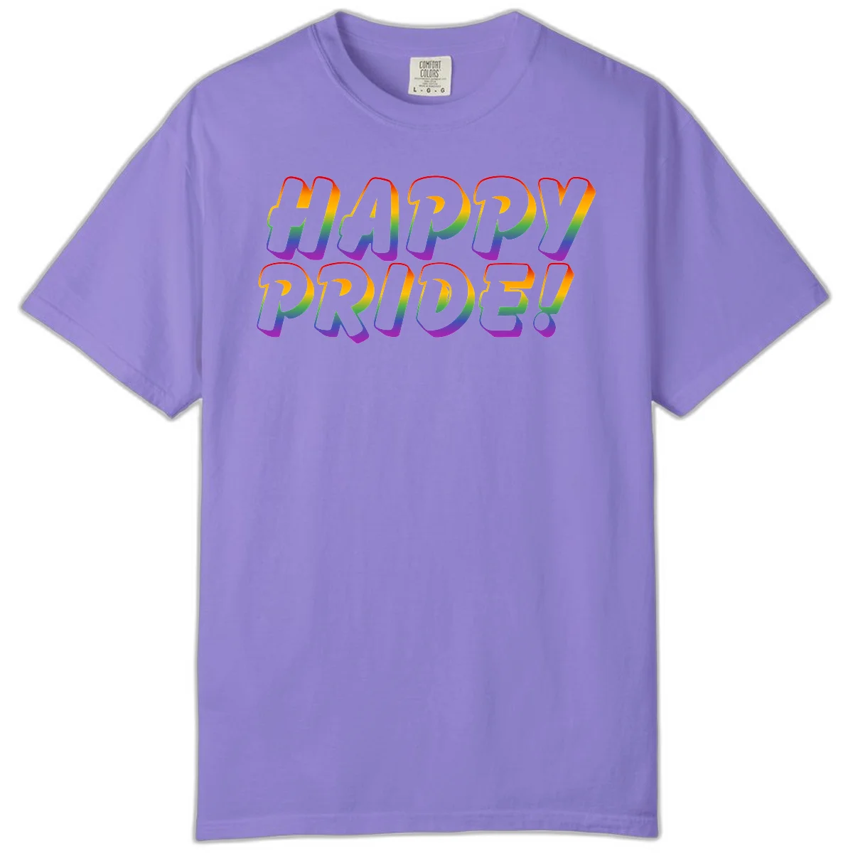 Happy pride rainbow text design with gradient colors transitioning from red to purple in bold typography in Violet