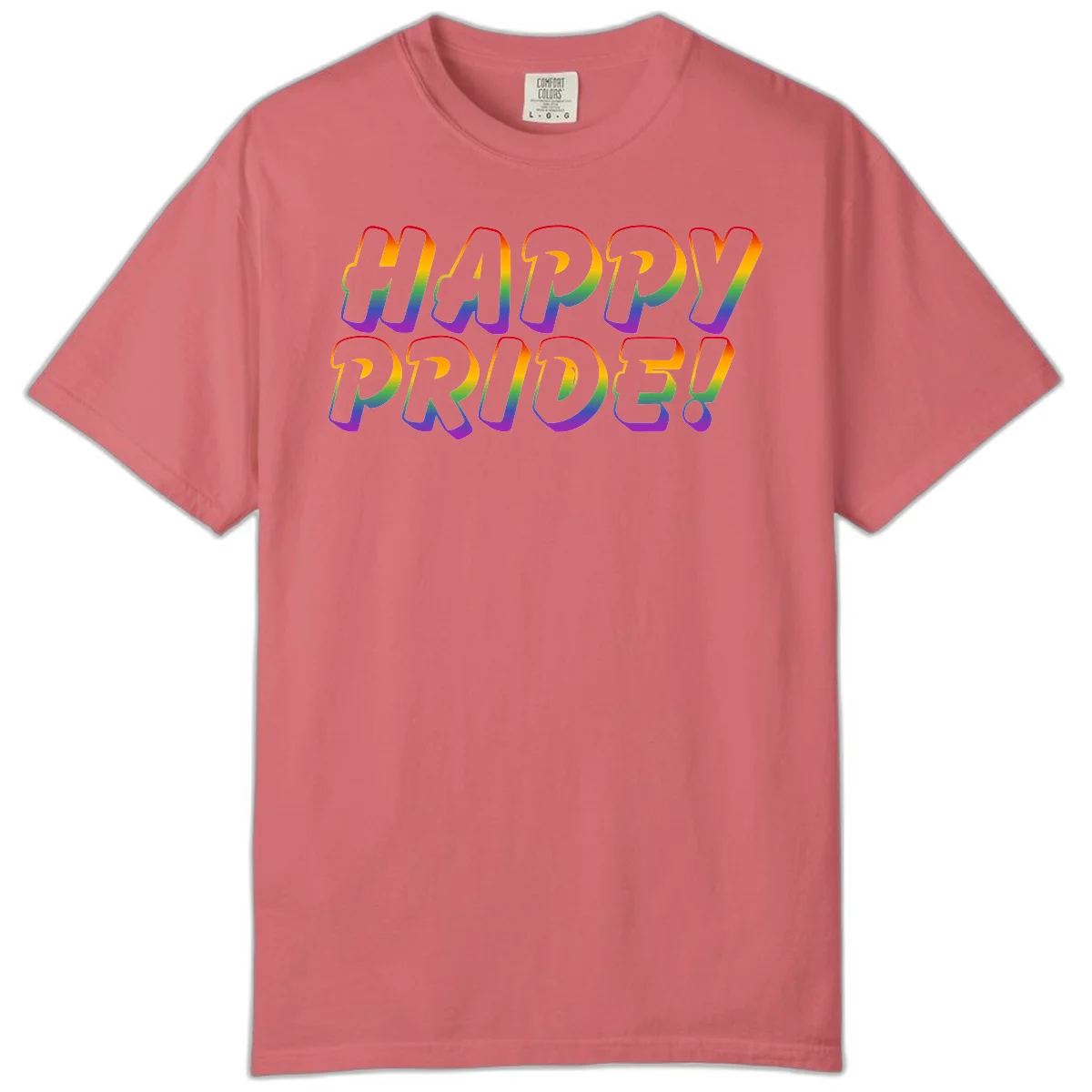 Happy pride rainbow text design with gradient colors transitioning from red to purple in bold typography in Watermelon