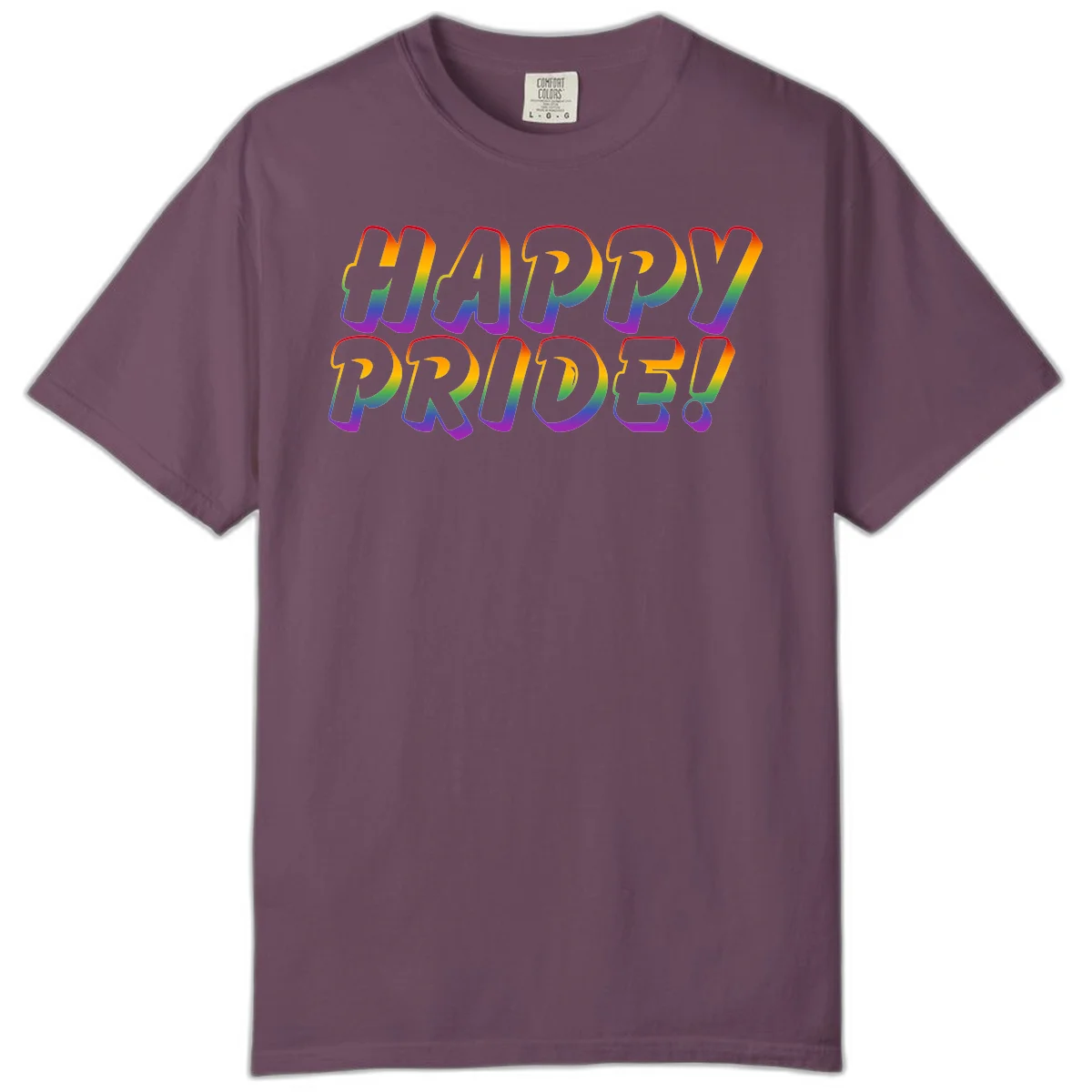 Happy pride rainbow text design with gradient colors transitioning from red to purple in bold typography in Berry