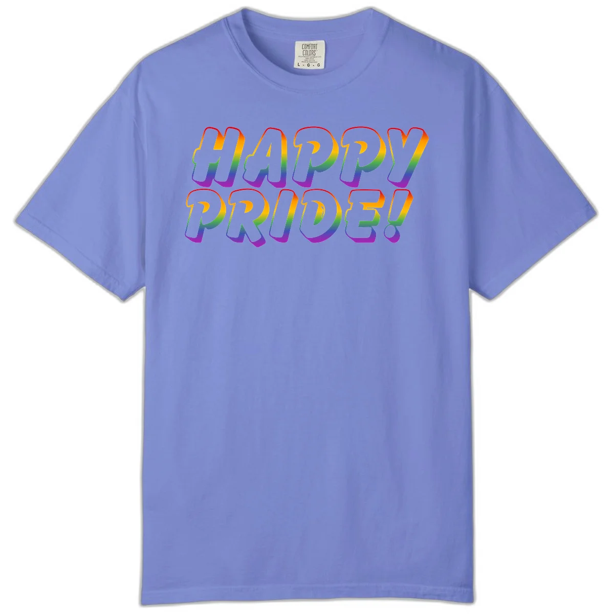Happy pride rainbow text design with gradient colors transitioning from red to purple in bold typography in Flo Blue
