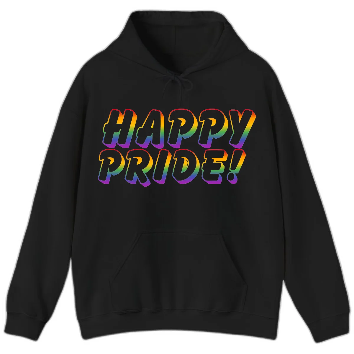 Happy pride rainbow text design with gradient colors transitioning from red to purple in bold typography in Black