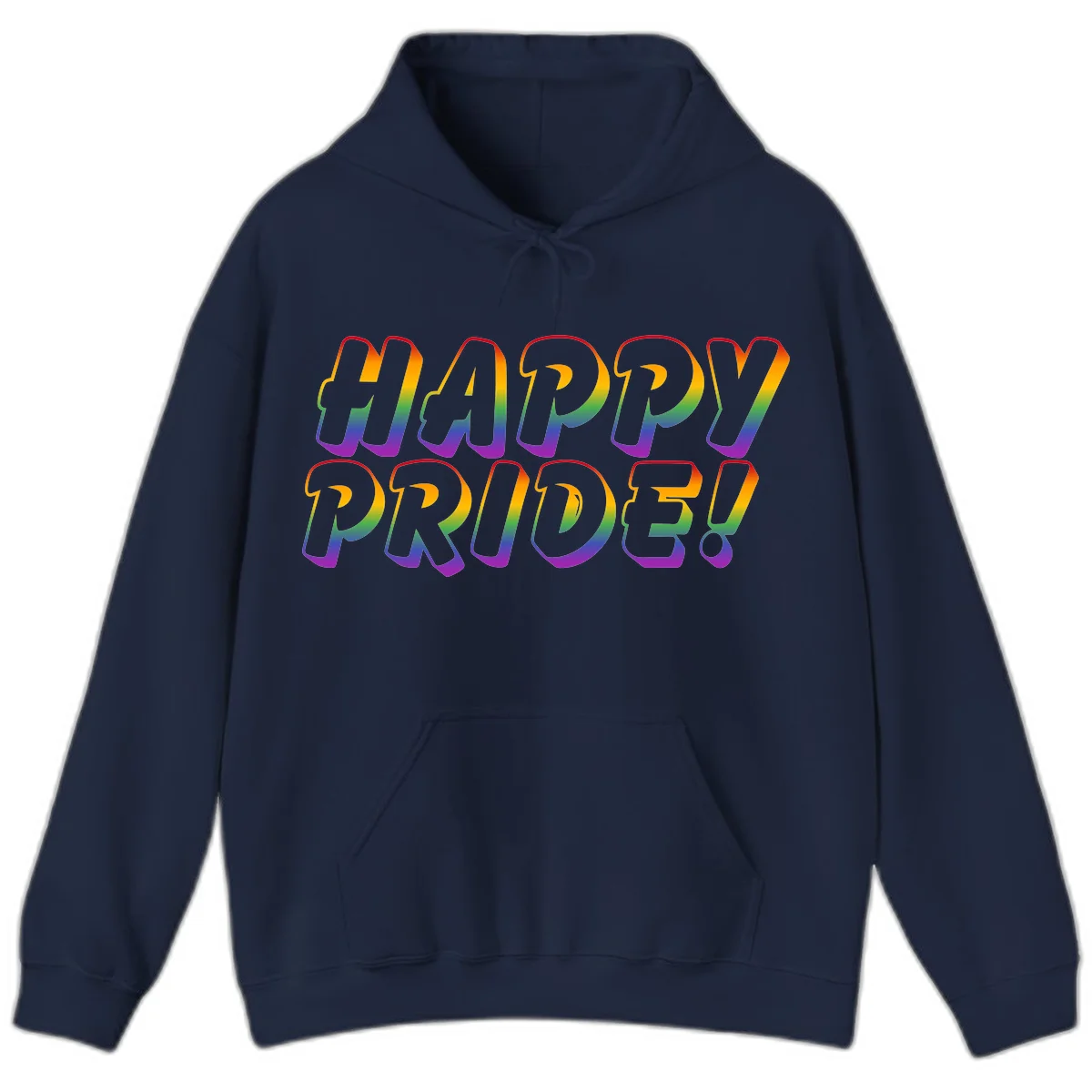 Happy pride rainbow text design with gradient colors transitioning from red to purple in bold typography in Navy
