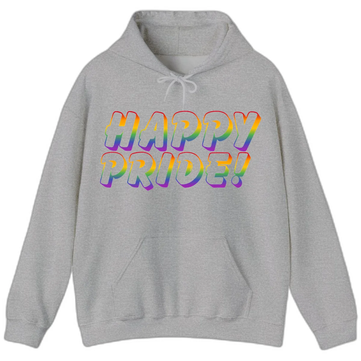 Happy pride rainbow text design with gradient colors transitioning from red to purple in bold typography in Sport Grey