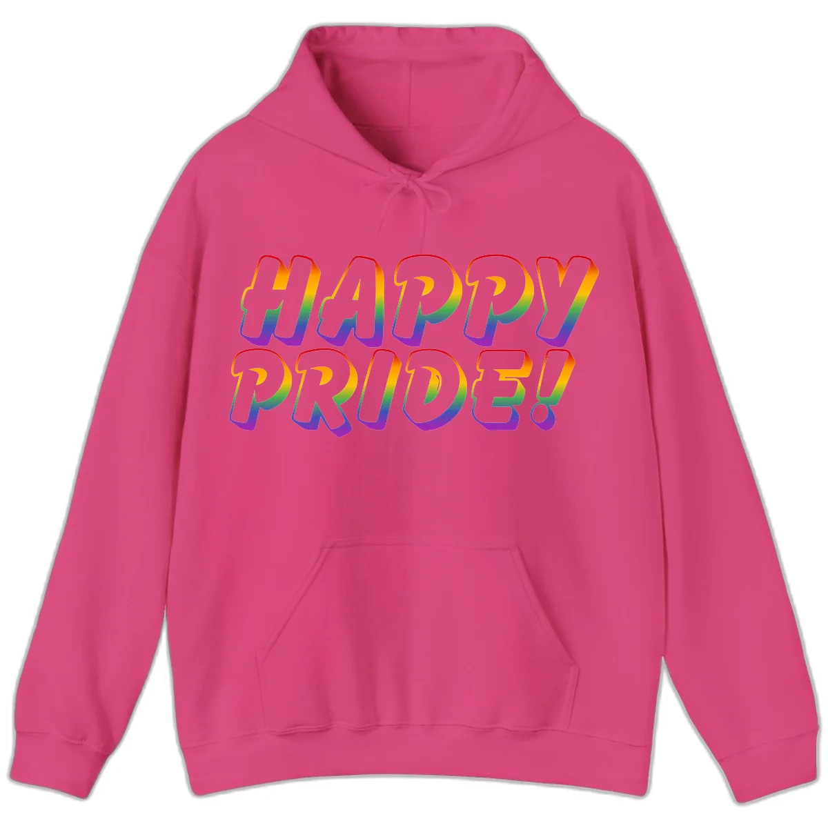 Happy pride rainbow text design with gradient colors transitioning from red to purple in bold typography in Heliconia