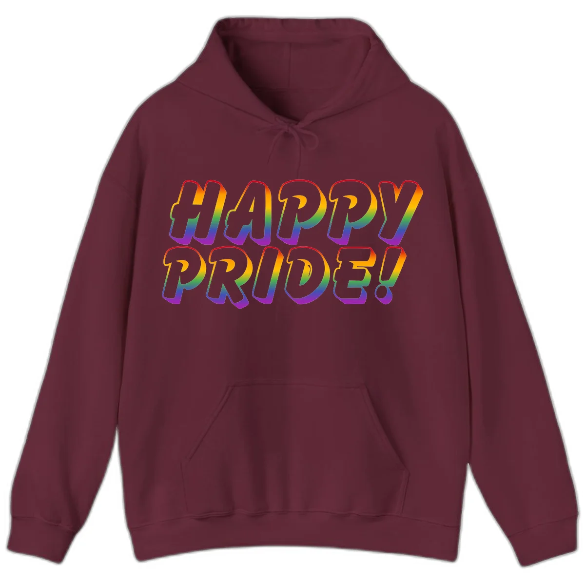 Happy pride rainbow text design with gradient colors transitioning from red to purple in bold typography in Maroon
